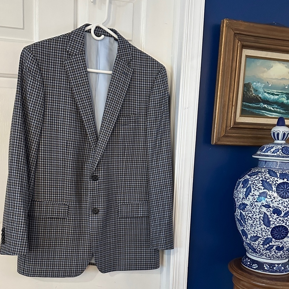 NWOT Indochino Blue, Black & Tan Checkered Newbury 50 2 Button Wool Blazer
